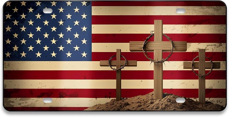 MCIAONE Front License Plate Cover, Cross License Plate Christian Aluminum Decorative Licenses Plates, America Flag Novelty Vanity Tag, Car Decor Accessory with 4 Holes, 6×12 inch Car Plates Decor - Image 1